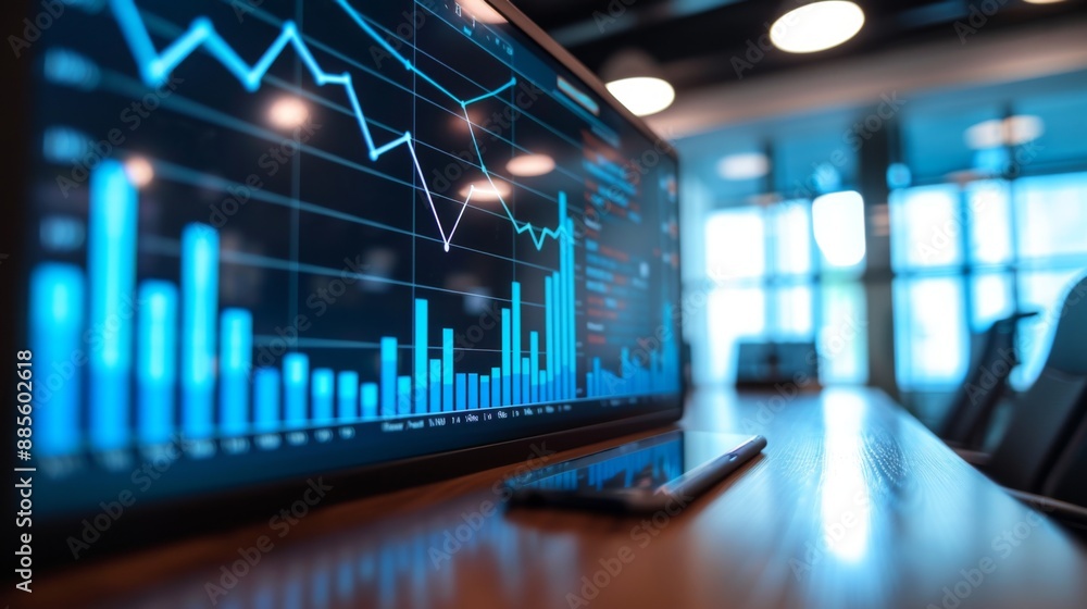 A business graph showing year-over-year growth displayed on a large screen in a conference room. A business graph showing year-over-year growth displayed on a large screen in a conference room.