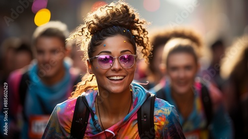 A group of teens in neon gear ran the marathon together.