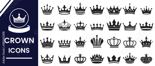 Crown icons, vector set. Crown vector, silhouette, icon. Crown symbol set. King, Princess crowns. Collection of crown silhouette, vector. Vector illustration.
