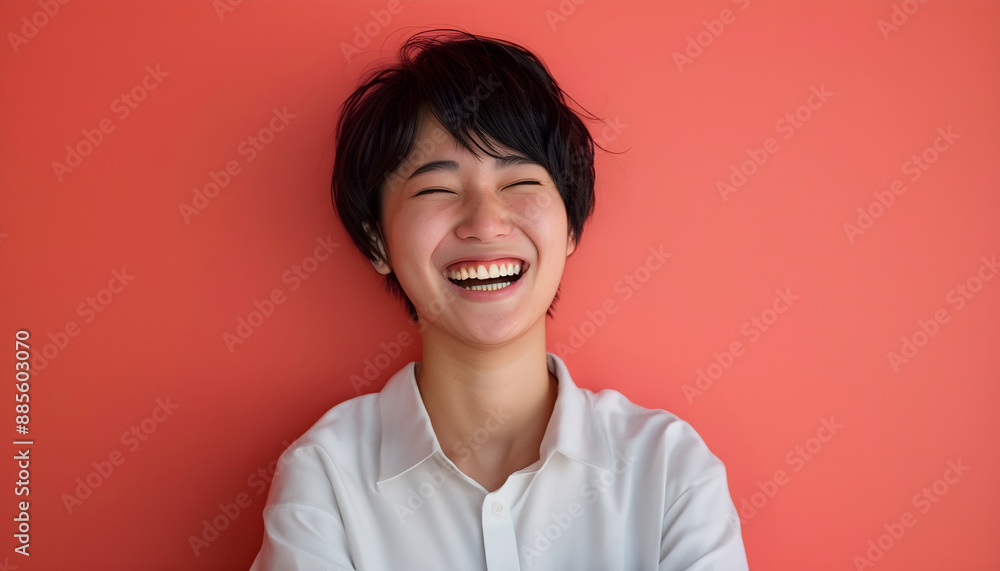 Junge asiatische Person steht lachend vor einer rötlichen Wand Junge asiatische Person steht lachend vor einer rötlichen Wand