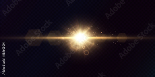 A bright golden light effect with deep highlights and multiple rays. Bright sun. Effect of a bright star. Vector for web design