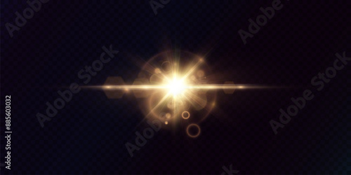 The effect of a bright golden flash of light on a transparent background with rays and glare. Light yellow light blur effect. Vector illustration 10 EPS for web design.
