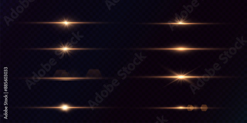 Set of golden horizontal glow. Golden star or sun with highlights. The effect of an explosion of light energy. Vector light effect