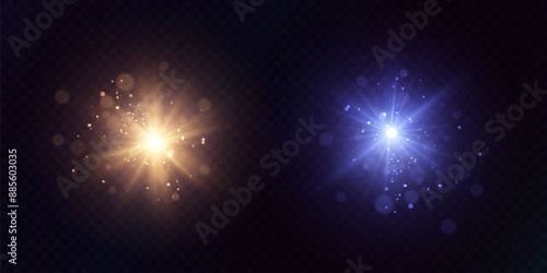 Shining light effects isolated on dark background, glare, lines, golden light particles. Set of vector stars.	