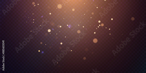 Light effect of golden bokeh of dust and glare. Glowing particles isolated on a dark transparent background.  Adobe Illustrator Artwork