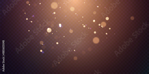 Light effect of golden bokeh of dust and glare. Glowing particles isolated on a dark transparent background.  Adobe Illustrator Artwork