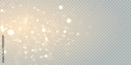 Gold dust light bokeh. Christmas glowing bokeh and glitter overlay texture for your design on a transparent background. Golden particles abstract vector background.	
