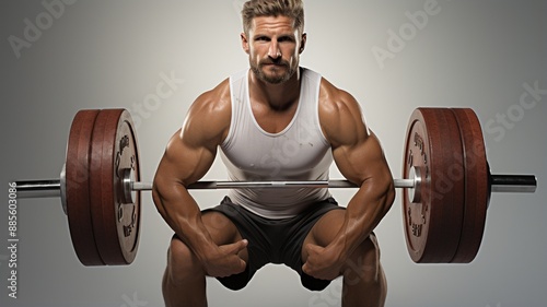 A man in his 30s, with intense determination, trained rigorously in white-background powerlifting. photo