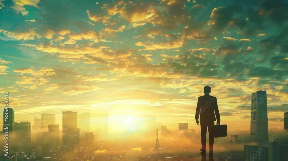 A businessman holding a briefcase and looking at a cityscape, symbolizing financial success and career achievement. A businessman holding a briefcase and looking at a cityscape, symbolizing financial success and career achievement.