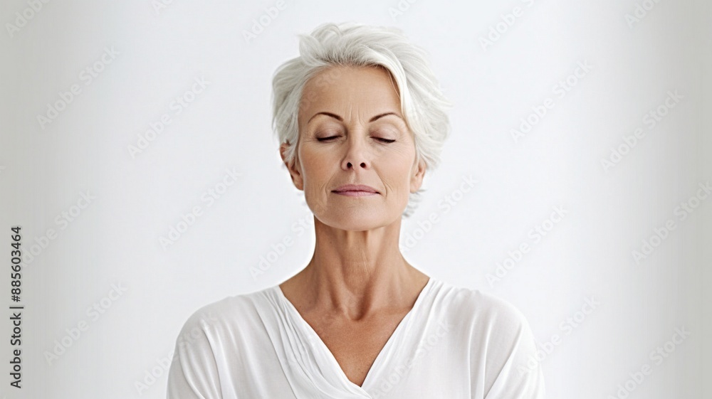 A middle-aged woman, with a serene demeanor, found inner peace through white-background meditation. A middle-aged woman, with a serene demeanor, found inner peace through white-background meditation.