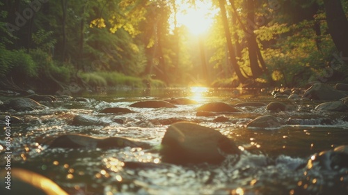 Serene River Flowing Through Sunlit Forest Grove at Sunrise photo