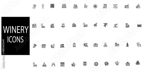 Winery simple concept 44 icons set. Contains such wine bottle, wine glass, grape, corkscrew, vineyard, barrel and winery.Vector illustration.