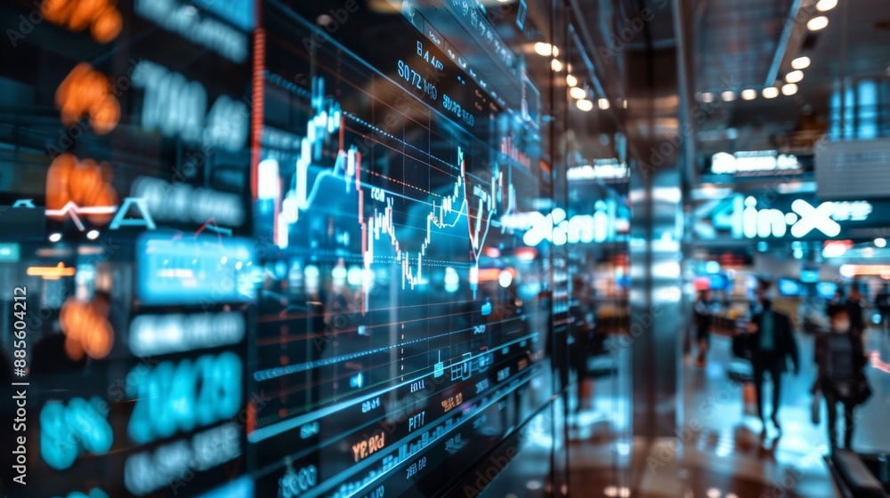 A busy trading floor with monitors displaying live stock market graphs and news tickers. A busy trading floor with monitors displaying live stock market graphs and news tickers.
