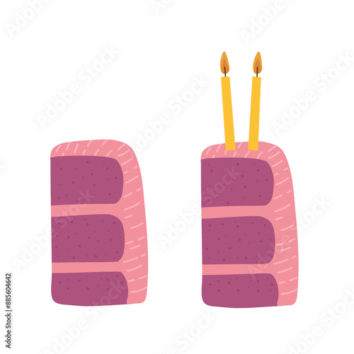 Pink cakes slices pieces with candles isolated on white. Hand drawing. Vector for postcards and stickers.