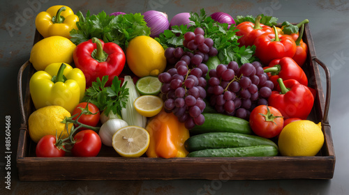 High-Resolution Photo of a Wooden Tray with Produce