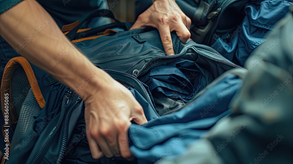 Travel banner. Close up hands preparation of putting clothes to backpack for vacation. Travel banner. Close up hands preparation of putting clothes to backpack for vacation.