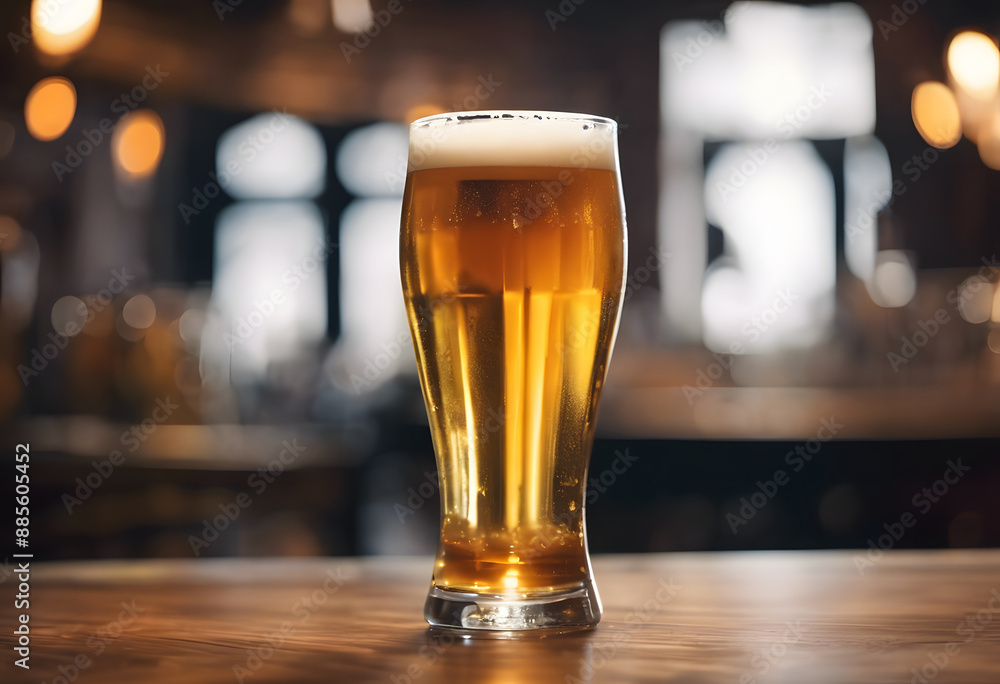 A frothy mug of beer on a wooden table with a blurred background of warm lights, suggesting a cozy and inviting atmosphere. Oktoberfest theme. A frothy mug of beer on a wooden table with a blurred background of warm lights, suggesting a cozy and inviting atmosphere. Oktoberfest theme.
