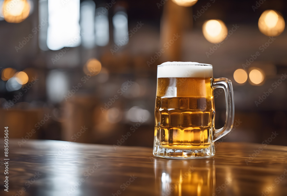 A frothy mug of beer on a wooden table with a blurred background of warm lights, suggesting a cozy and inviting atmosphere. Oktoberfest theme. A frothy mug of beer on a wooden table with a blurred background of warm lights, suggesting a cozy and inviting atmosphere. Oktoberfest theme.