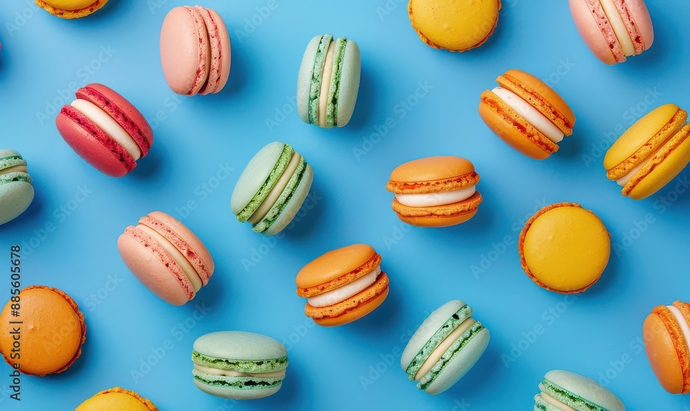 A blue background with a variety of colorful macarons. A blue background with a variety of colorful macarons.