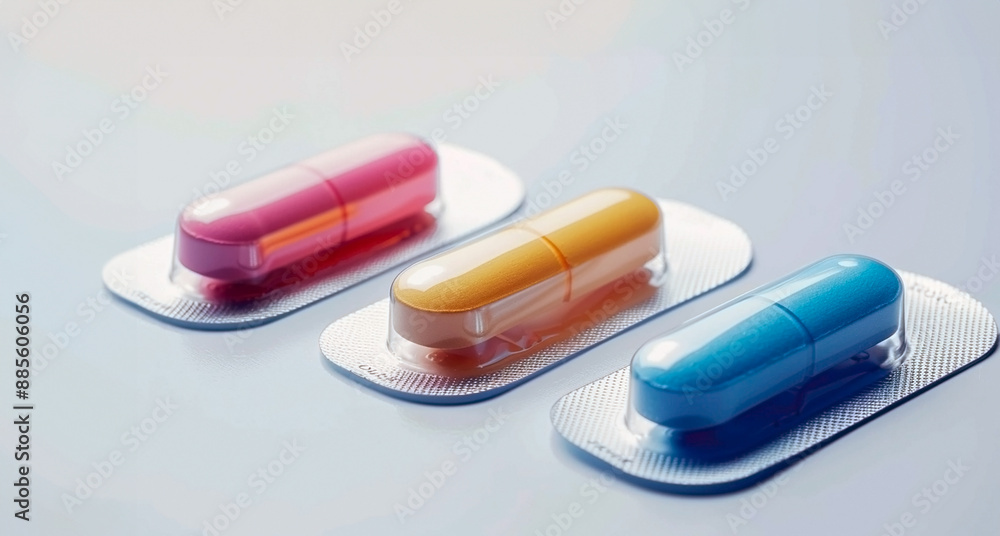 The capsules, in shades of red, yellow, and blue, are individually sealed in clear plastic bubble The capsules, in shades of red, yellow, and blue, are individually sealed in clear plastic bubble