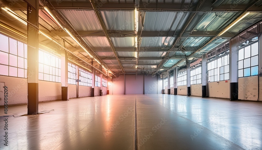 Futuristic neon lights in empty warehouse space Futuristic neon lights in empty warehouse space