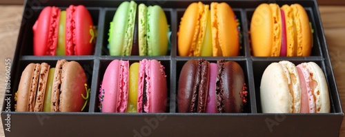 A box of six different colored macarons.