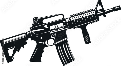 Black and White Silhouette Assault Rifle Vector Illustration