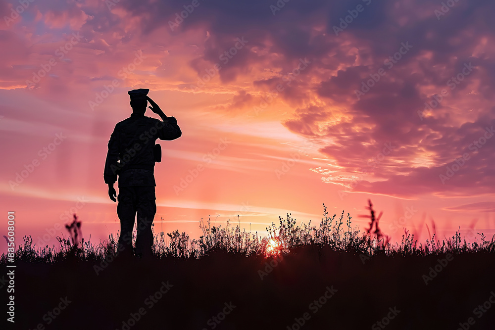 A man in a military uniform salutes the sun, generative ai image. A man in a military uniform salutes the sun, generative ai image.