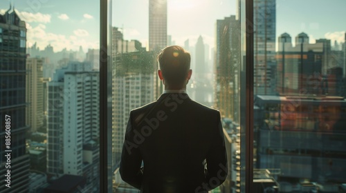 A person stands by the window, gazing out at the urban landscape