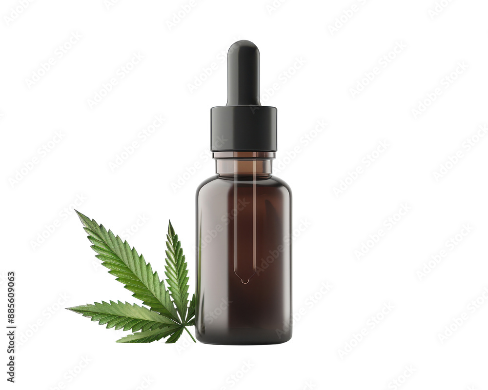 CBD oil bottle with dropper and hemp leaf isolated on white background. Natural remedy, alternative medicine, and wellness concept. CBD oil bottle with dropper and hemp leaf isolated on white background. Natural remedy, alternative medicine, and wellness concept.