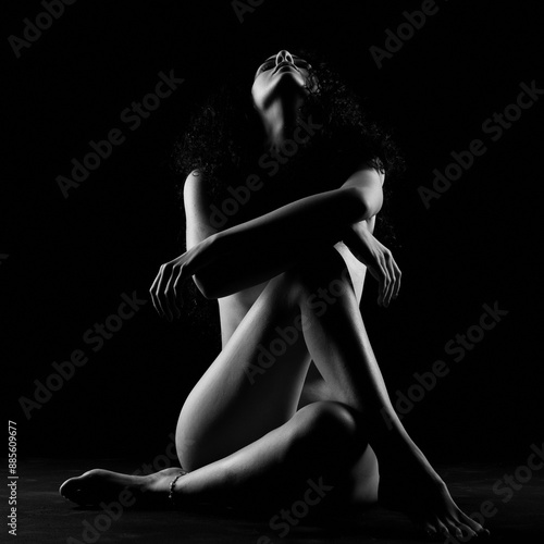bodyscape of a woman, black and white nude model