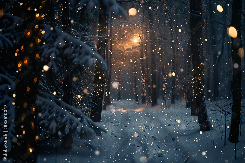 Naklejka premium A snowy forest with a bright light shining through the trees, generative ai image.