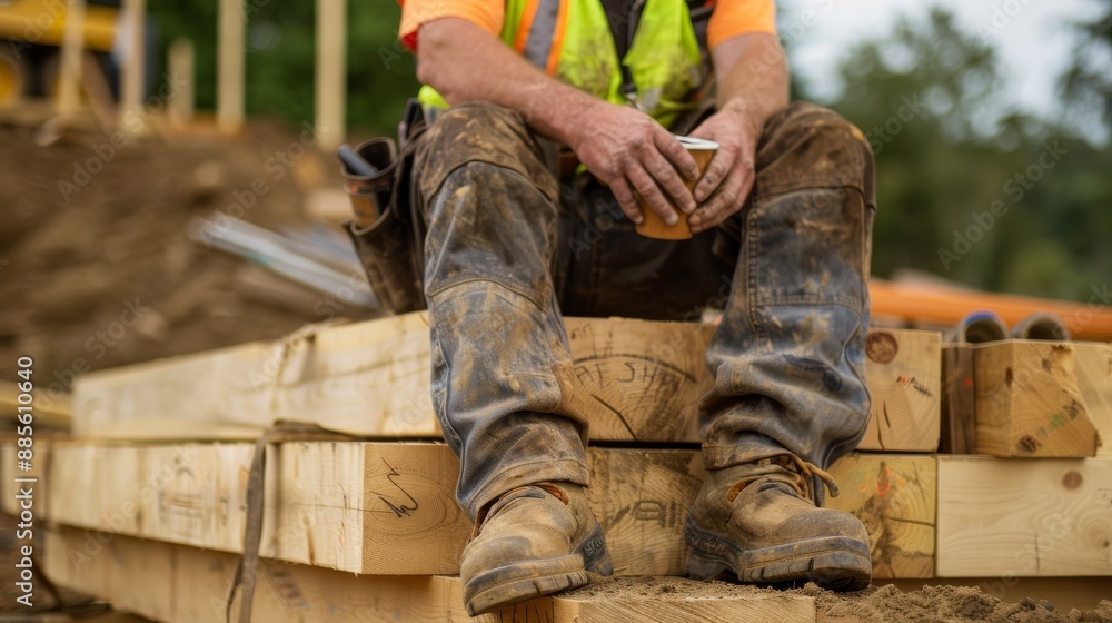 Fototapeta premium Construction worker enjoying a coffee break on lumber at a morning site. A construction worker sits on lumber, enjoying coffee with a partially built house in the background.