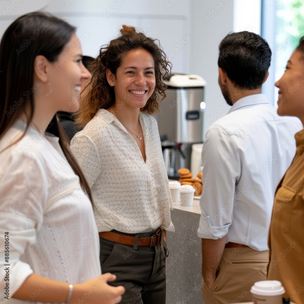 Office workers of all backgrounds enjoying a break in a modern room. Office employees from various ethnicities gather in the break room for coffee. Office workers of all backgrounds enjoying a break in a modern room. Office employees from various ethnicities gather in the break room for coffee.
