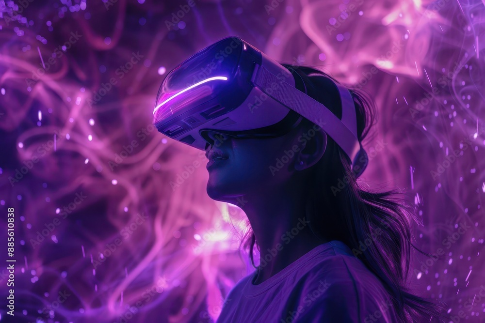 young woman wearing vr headset surrounded by abstract purple digital environment futuristic aesthetic glowing elements sense of immersion and wonder young woman wearing vr headset surrounded by abstract purple digital environment futuristic aesthetic glowing elements sense of immersion and wonder