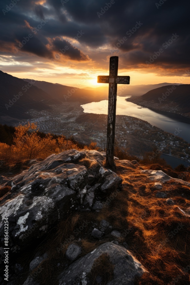Cross a beautiful sunset over the Catholic Christianity of the mountain, generative IA Cross a beautiful sunset over the Catholic Christianity of the mountain, generative IA