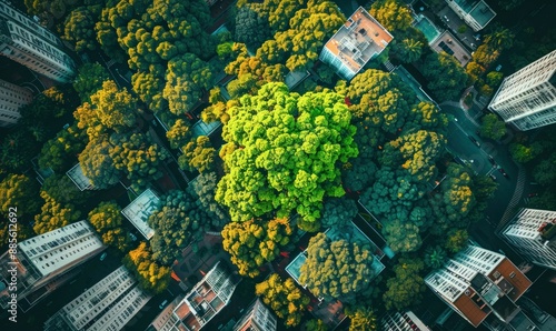 Aerial View of Green Tree Amidst Urban Skyscrapers. Generative ai.