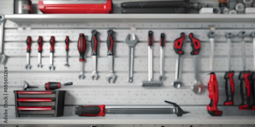 Fototapeta premium Garage showcasing hyperrealistic tools in a meticulously organized display. Concept Garage Organization, Tool Collection, Hyperrealism, Meticulous Display