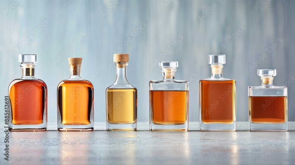 A row of glass bottles with cork stoppers lined up on a wooden shelf A row of glass bottles with cork stoppers lined up on a wooden shelf