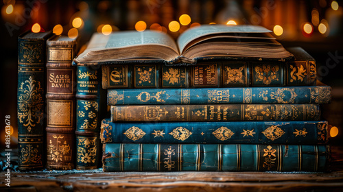 Vintage Stack of Books with Warm Glow - Perfect for Literature Lovers photo