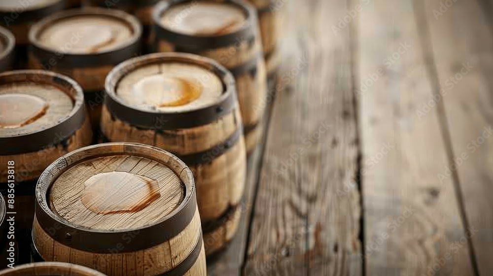A row of wooden barrels stacked on top of each other A row of wooden barrels stacked on top of each other