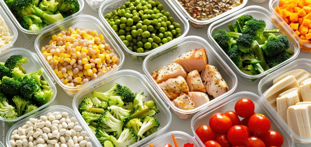 A countertop filled with neatly packed meal prep containers, each containing balanced portions of protein, vegetables, and grains A countertop filled with neatly packed meal prep containers, each containing balanced portions of protein, vegetables, and grains