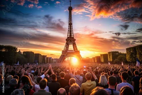 People gathered at Eiffel Tower during sunset, illustration for 2024 Olympics in Paris, not actual event