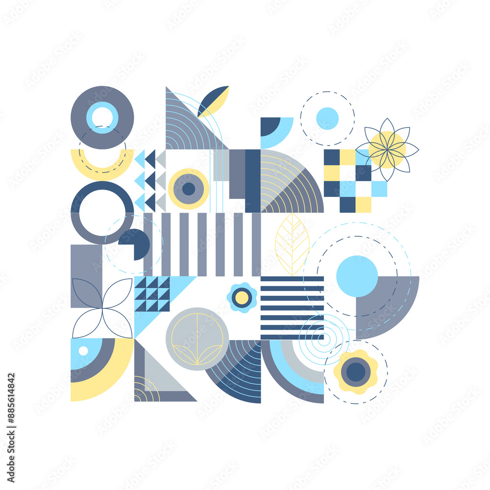 Geometric modern pattern full of shapes and forms greys with blue and yellow Geometric modern pattern full of shapes and forms greys with blue and yellow