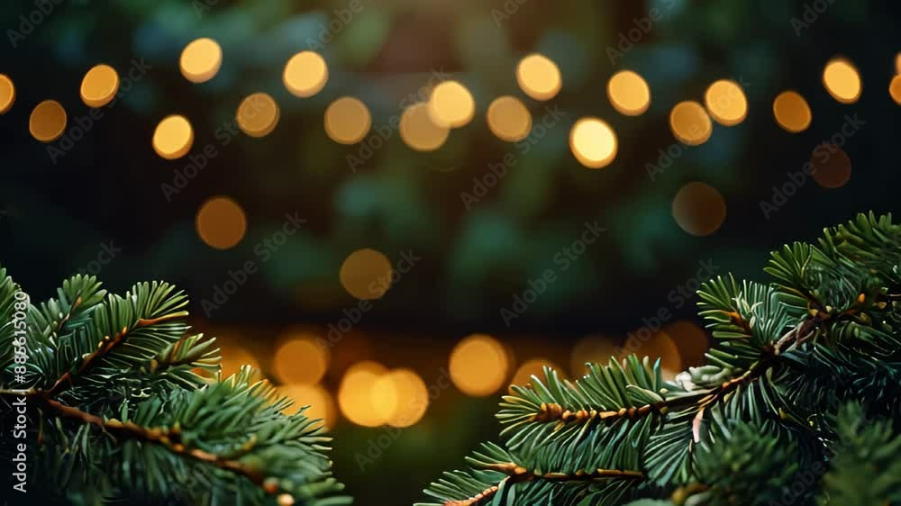 New year Christmas tree branch at golden bokeh lights of garlands copy space background, merry Christmas and happy new year mood, close up view New year Christmas tree branch at golden bokeh lights of garlands copy space background, merry Christmas and happy new year mood, close up view