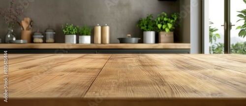 Kitchen background with blurred modern interior, kitchen wood table top for product display © woojooo
