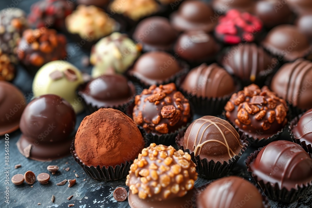 Assorted Chocolate Truffles and Bonbons on Black Surface Assorted Chocolate Truffles and Bonbons on Black Surface