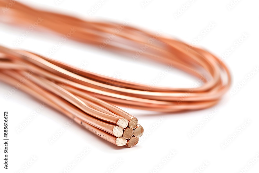 Conceptual close-up view of copper electrical wiring on a white background Conceptual close-up view of copper electrical wiring on a white background
