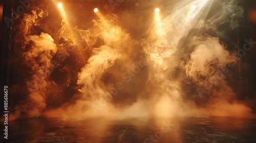 create a empty stage with lights reaching out to the audience. lots of smoke in the air © rustem