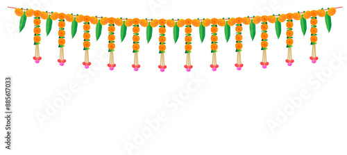 Foto Beautiful Indian Vector orange garland of marigold flower & mango leaves for dus